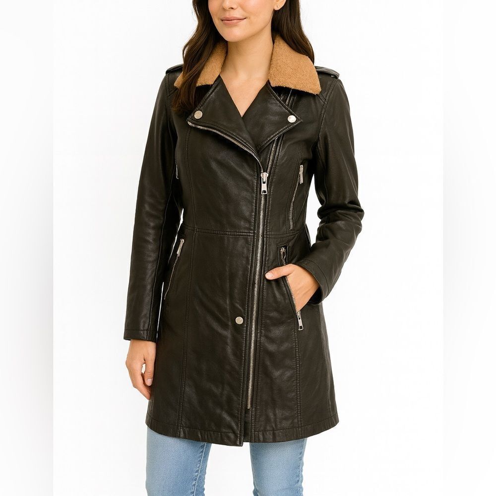 Blank NYC Black Oversized Long Length Sherpa Collar Leather Jacket Sz S NWT